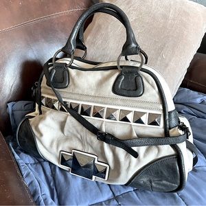 Marciano Black & Tan large studded leather crossbody satchel